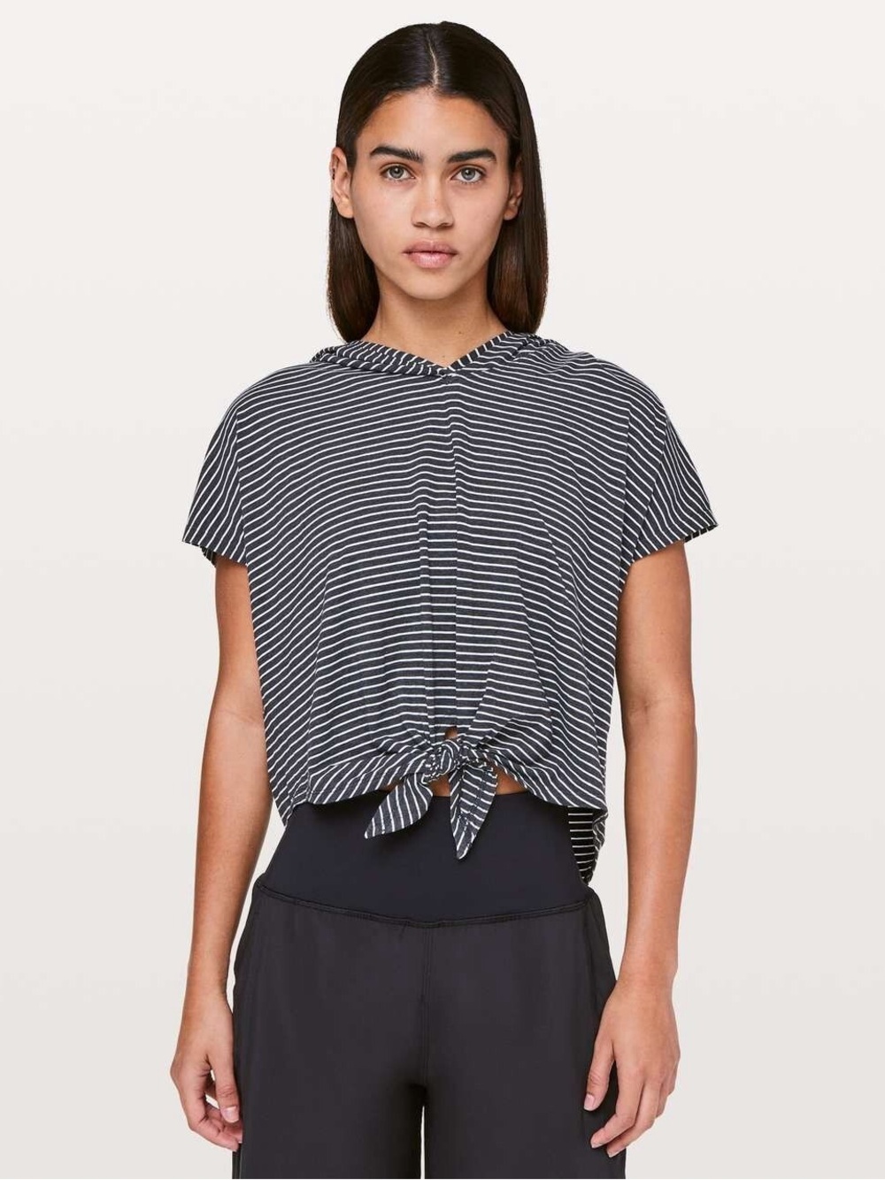 Lululemon Knot Gonna Fly Tee Hood Modern Stripe Heathered Black White